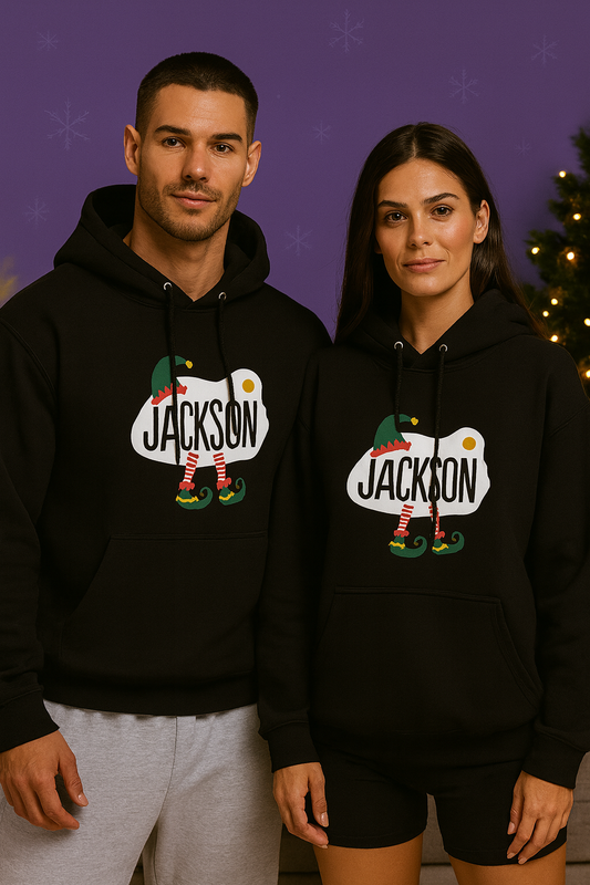 Matching Christmas Elf Hoodies – Funny Holiday Sweatshirts for Couples & Families | Cozy Black Unisex Christmas Hoodies | Cute Elf Outfit Idea