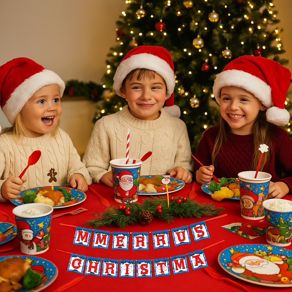 Kids Christmas Dinnerware Set – Disposable Tableware with Plates, Cups, Cutlery, Straws, Napkins & Banner – Santa & Reindeer Holiday Party Supplies