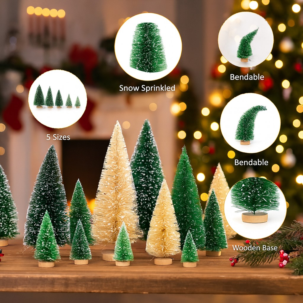 15/30 PCS Mini Christmas Trees – Snow Flocked Bottle Brush Trees with Wooden Base
