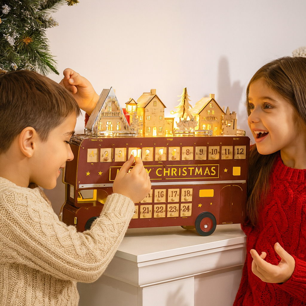 Wooden Christmas Advent Calendar Bus with LED Lights – 24 Day Countdown