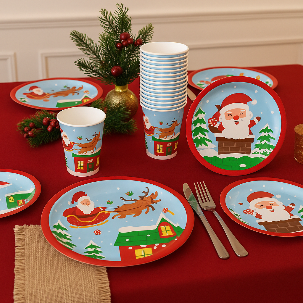 Christmas Paper Plates And Cups Set Decorations For 10 Guests Santa Claus Elk Pattern Plates And Cups
