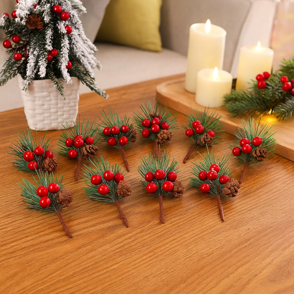 10PCS Artificial Pine Cones with Red Berries & Greenery Stems – Christmas Table, Wreath & DIY Holiday Decorations