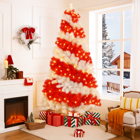 6ft Red & White Artificial Christmas Tree with 300 LED Lights – Holiday Indoor Decor