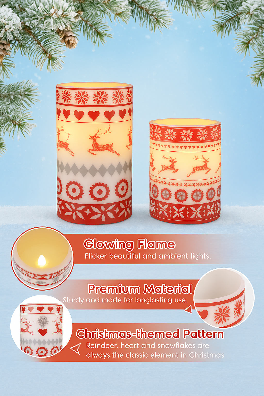 3Pack Christmas Flameless LED Candles Deer Flickering Candle Lights Pillar Candles With 3 Lighting Modes Timer Remote Control