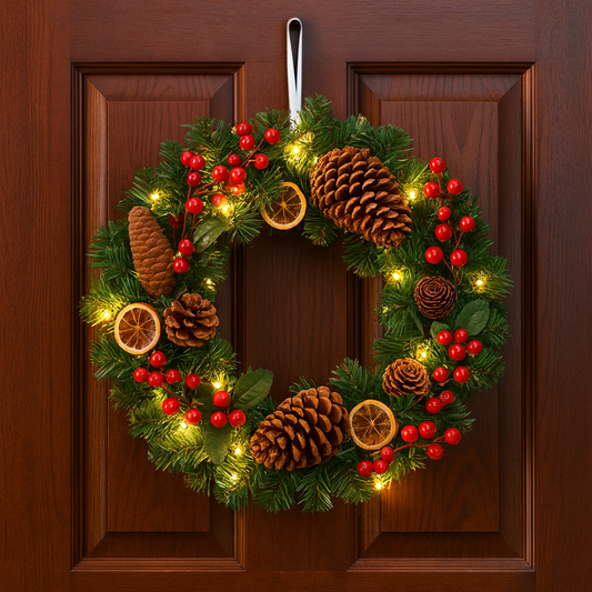 Pre-Lit Christmas Wreath with Pinecones & Red Berries – Holiday Door Decoration