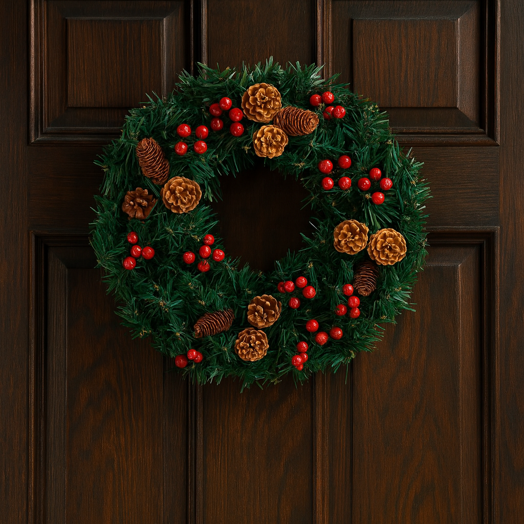 Pre-Lit Christmas Wreath with Pinecones & Red Berries – Holiday Door Decoration