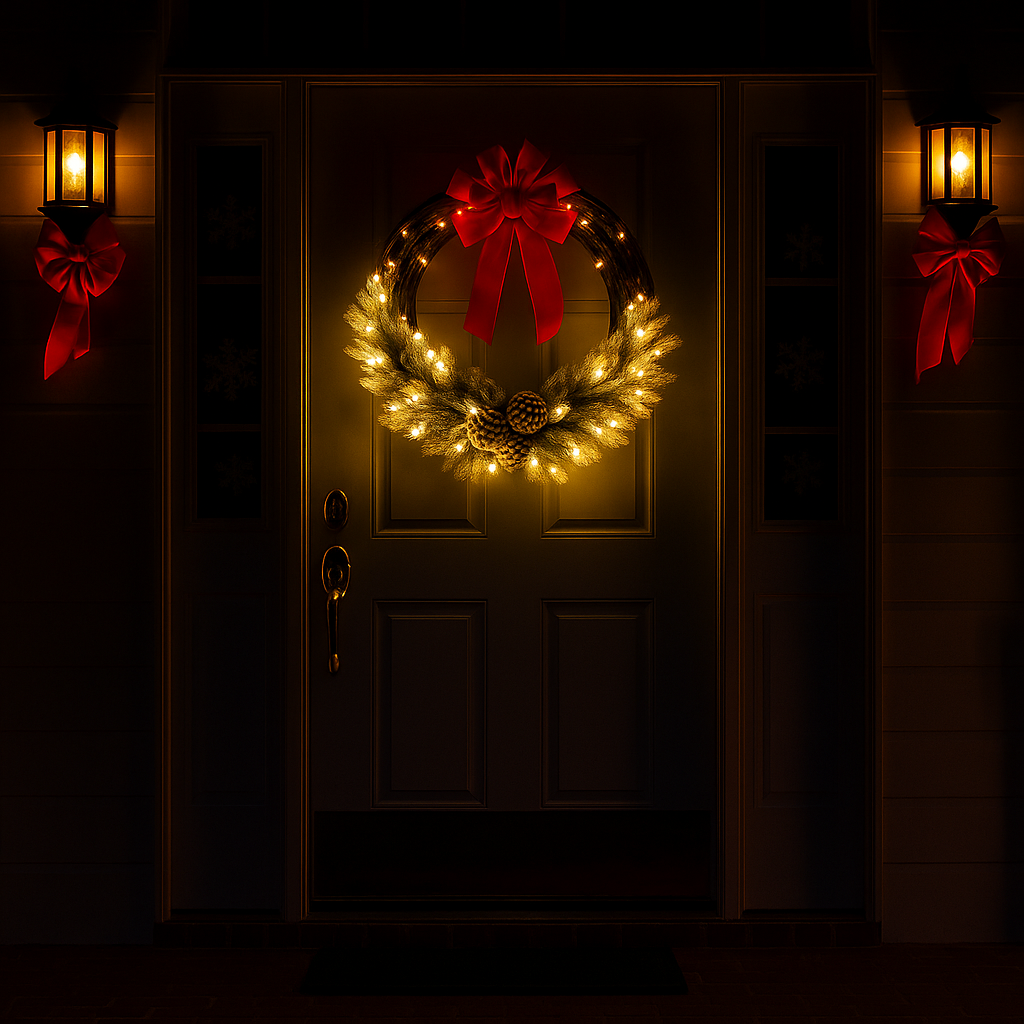 Pre-Lit Snow Flocked Christmas Wreath with Pine Cones & LED Lights – Holiday Door Decoration