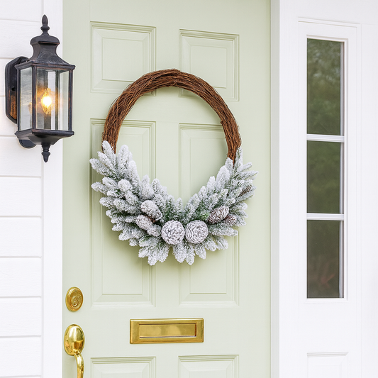 Pre-Lit Snow Flocked Christmas Wreath with Pine Cones & LED Lights – Holiday Door Decoration