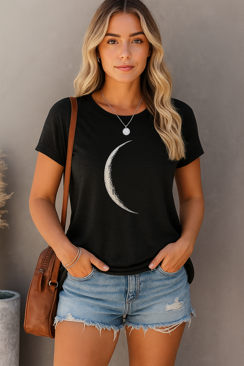Women's Casual Short Sleeve T-Shirt Crescent Moon Graphic Print Round Neck Summer Top