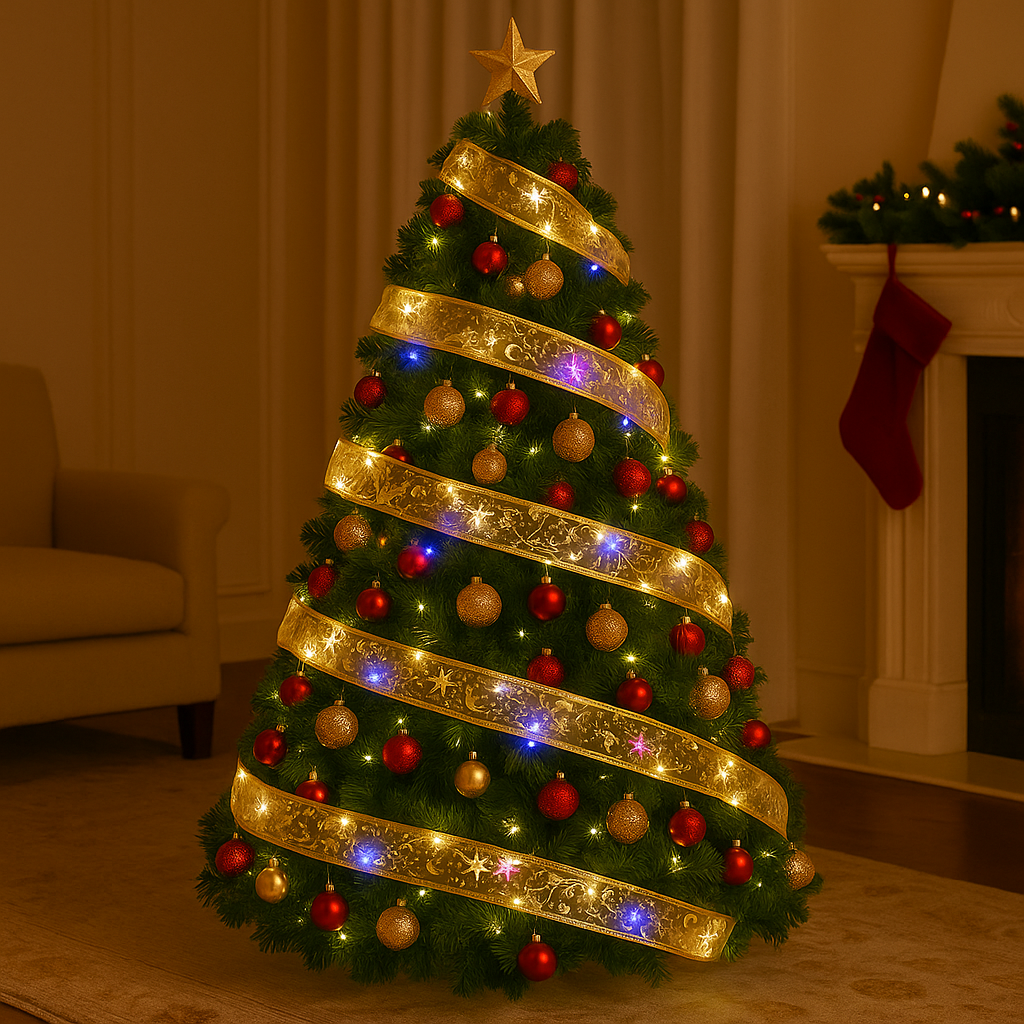 Pre-Lit Christmas Tree with Decorative Ribbon Lights – Elegant Indoor Holiday Décor