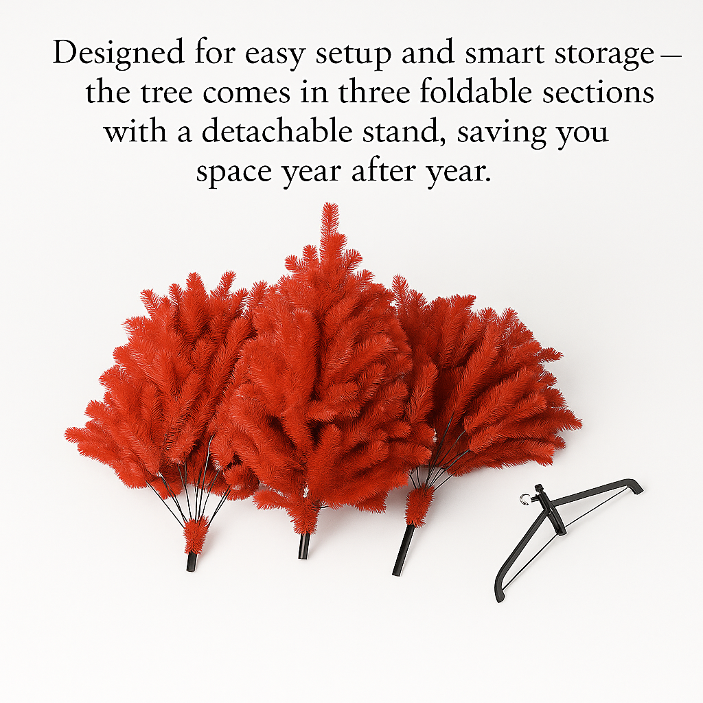 Red foldable decorative tree with a detachable stand on a white background