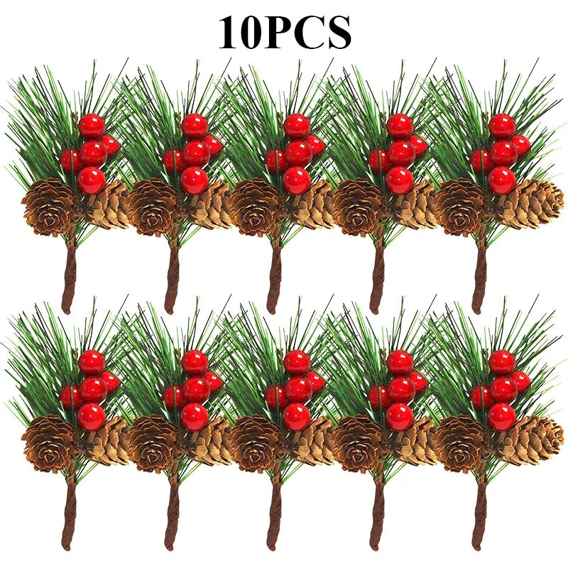 10PCS Artificial Pine Cones with Red Berries & Greenery Stems – Christmas Table, Wreath & DIY Holiday Decorations