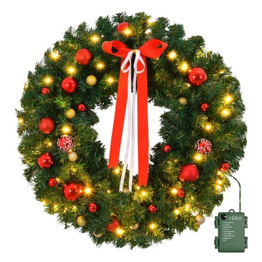 36in Pre-lit Battery Powered Christmas Wreath, Lighted Artificial Xmas Wreath With 80 Warm Lights And 270 PVC Tips And 18 DIY Ornaments, For Front Door Gate Wall Xmas Party Decorations