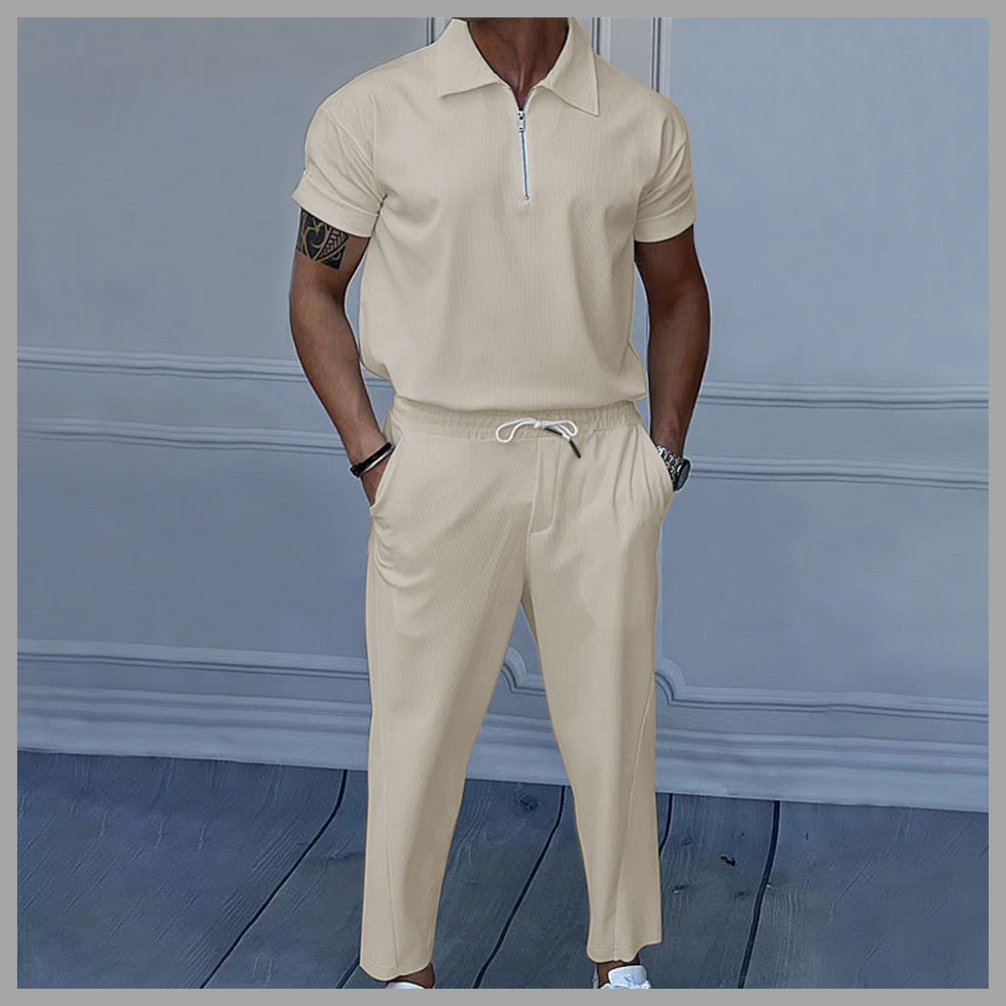 Solid Color Polo Collar T-Shirt & Trousers Set – Casual Leisurewear