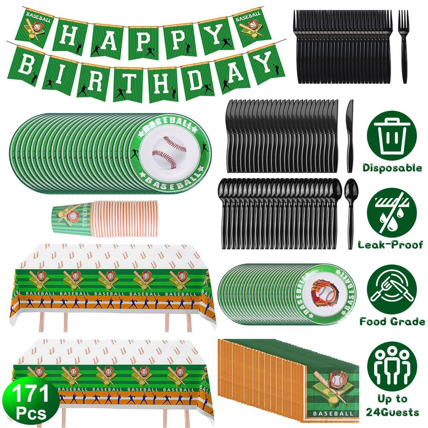 171Pcs Baseball Party Supplies Kit Baseball Birthday Party Disposable Dinnerware Set Baseball Themed Party Tableware Decorations Cups Plates Napkins Spoons Knives Forks Tableclothes