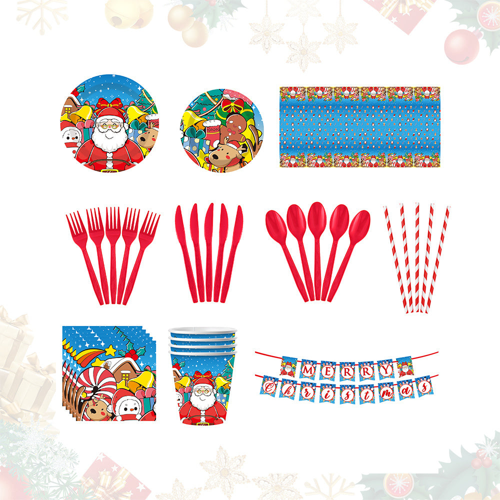 Kids Christmas Dinnerware Set – Disposable Tableware with Plates, Cups, Cutlery, Straws, Napkins & Banner – Santa & Reindeer Holiday Party Supplies