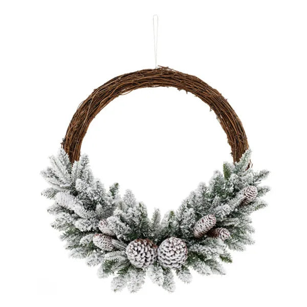 Pre-Lit Snow Flocked Christmas Wreath with Pine Cones & LED Lights – Holiday Door Decoration