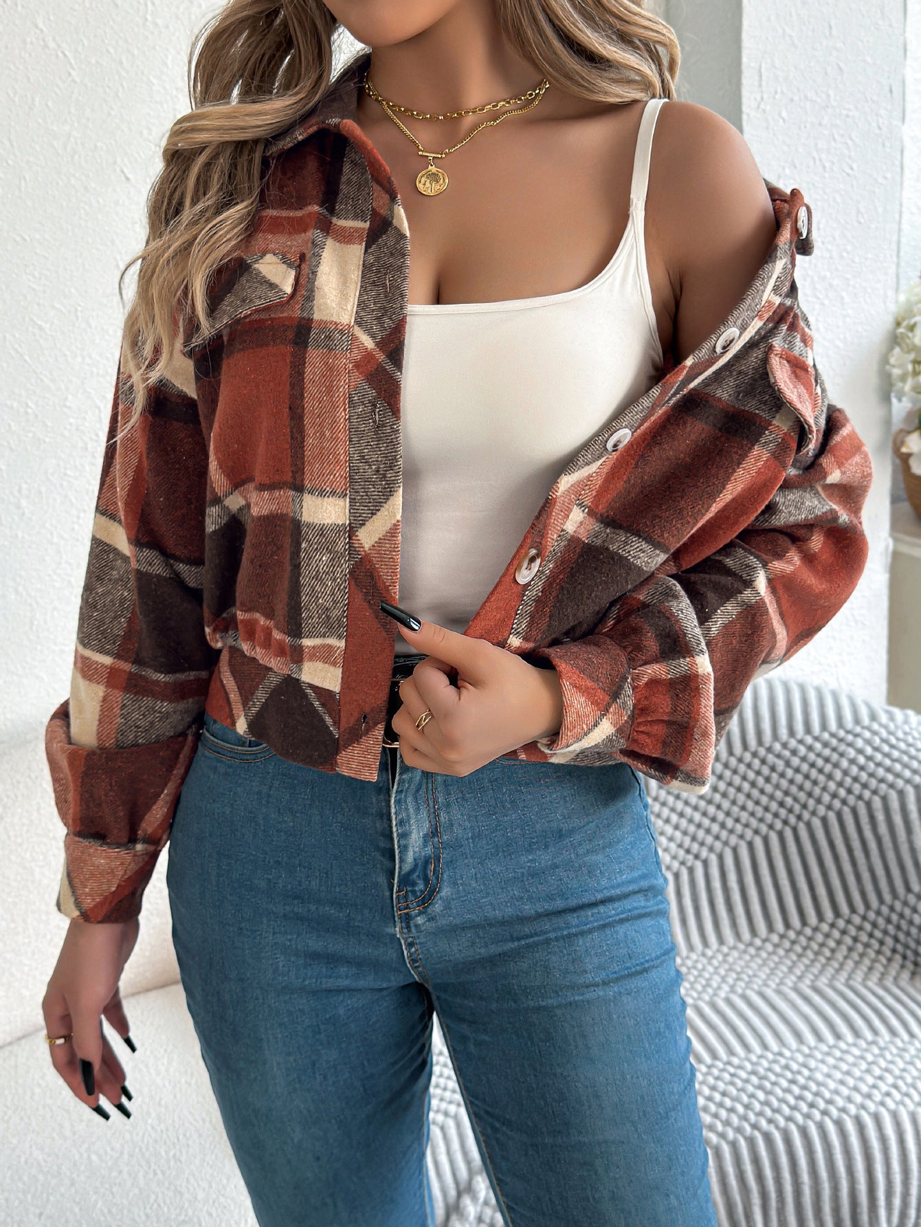 Women’s Shacket – Soft Checkered Button-Up Long Sleeve Jacket for Fall and Winter