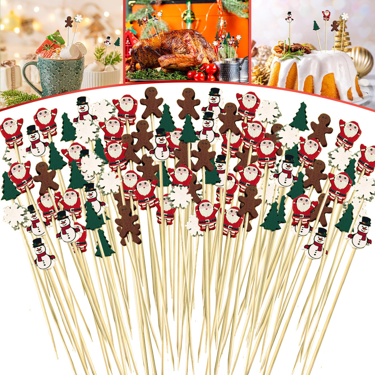 100 PCS Christmas Cupcake Toppers – Santa, Snowman, Tree & Gingerbread Picks for Holiday Party Decor
