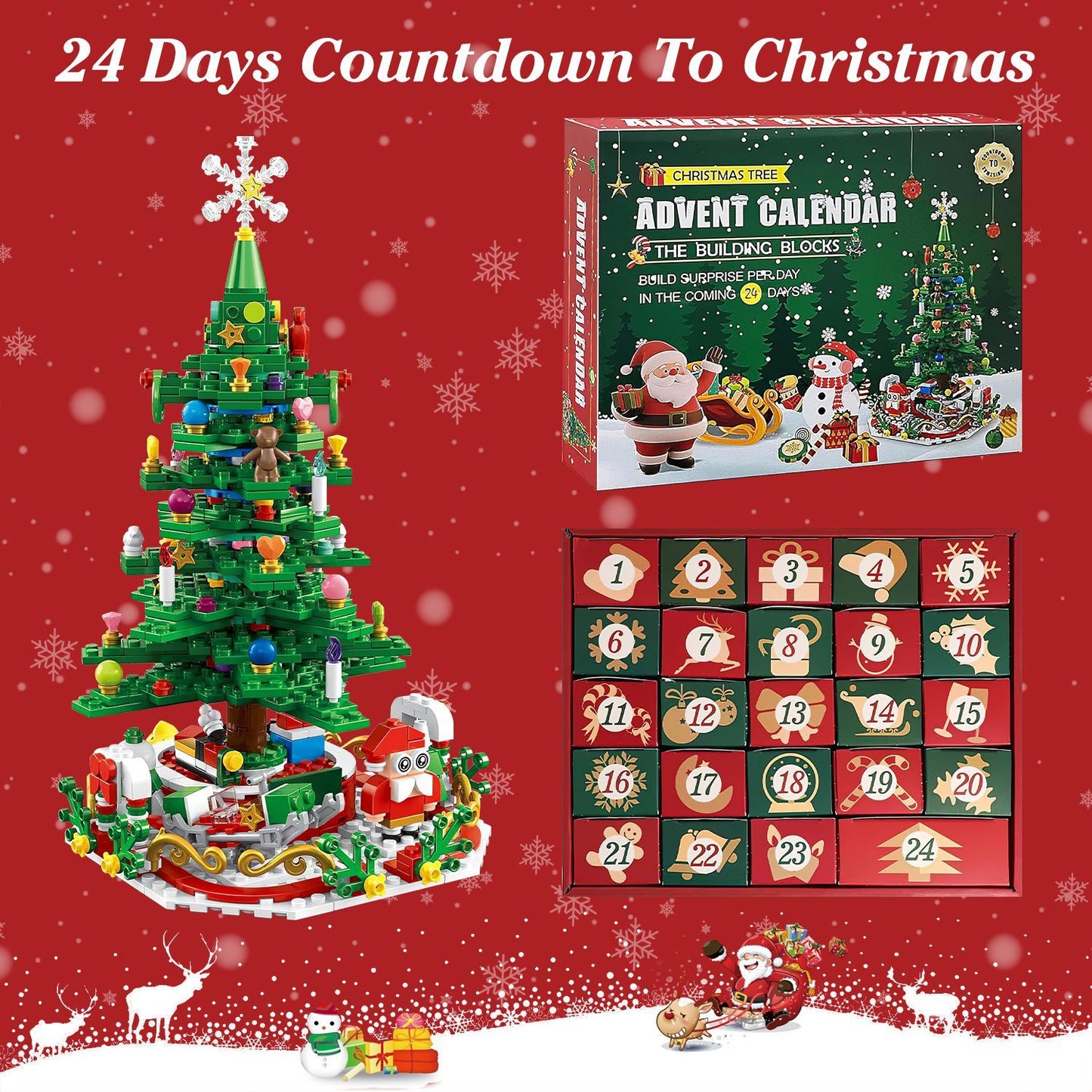 Christmas Tree Advent Calendar Building Blocks – 24-Day Countdown with LED Lights, Holiday Toy Gift for Kids
