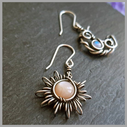 Vintage Asymmetric Sun & Moon Moonstone Earrings