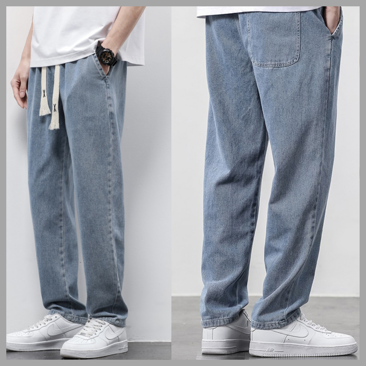 Loose-Fit Wide Leg Jeans - Drawstring Elasticated Straight Trousers