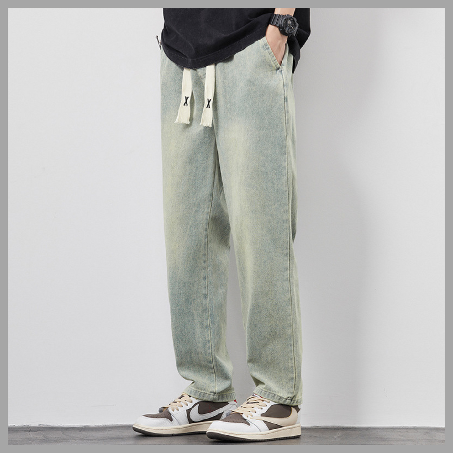 Loose-Fit Wide Leg Jeans - Drawstring Elasticated Straight Trousers