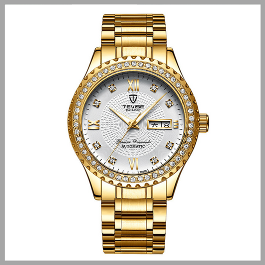 Couple Quartz Watches - Gold Minimalist Design with Diamonds, Stainless Steel Strap